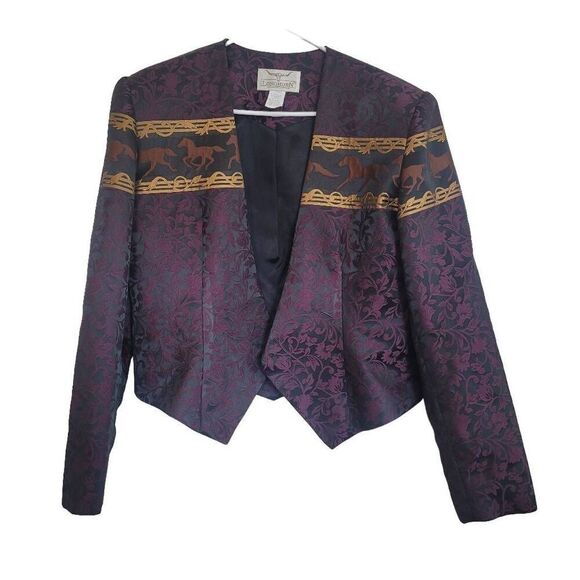 Longhorn Vintage Women's Burgundy/Black/Gold Acetate/Poly Horse Western Wear Jac - Picture 1 of 13